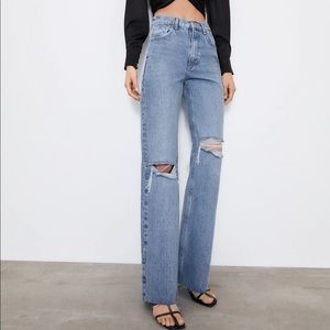 Zara Hi-Rise full length wide leg ripped jeans.